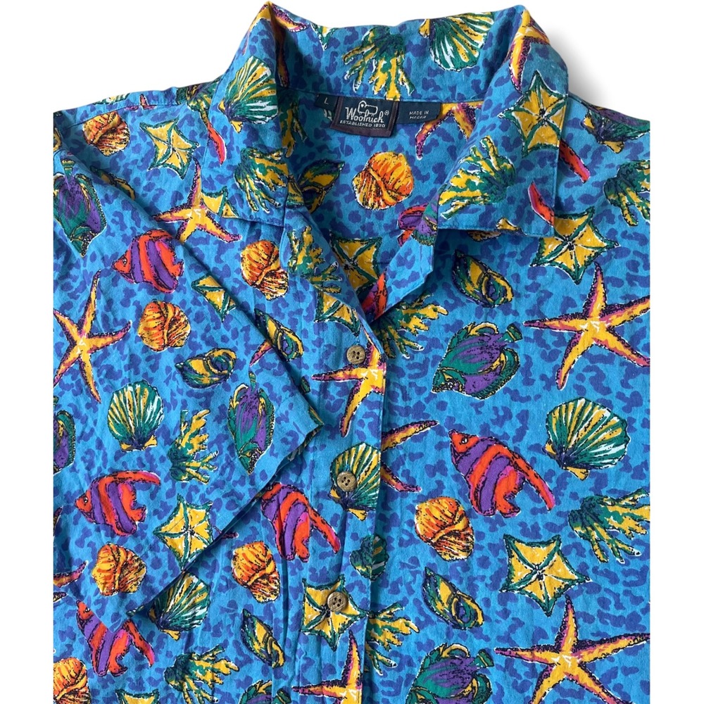 Vtg Woolrich Womens Large Blue Tropical Sea Life Starfish Shells Button Up Shirt